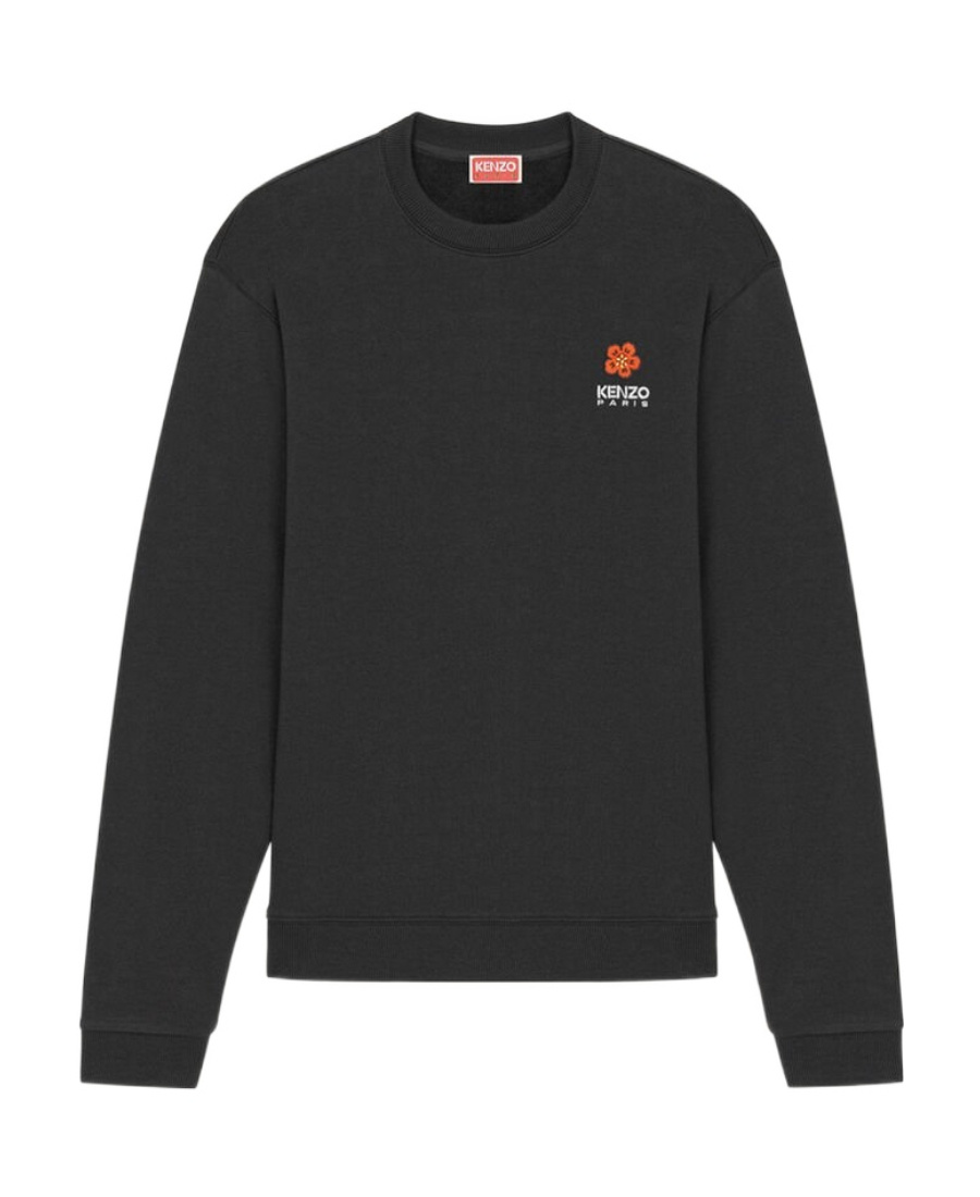 Kenzo Black Sweatshirt In Light Fllece With Broke Flower Embroidery To The Chest  Man In Black