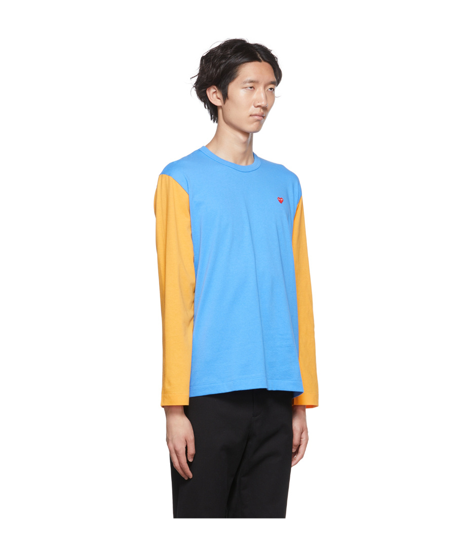 Comme Des Garçons Play Blue & Yellow Heart Long Sleeve T-shirt In Blue