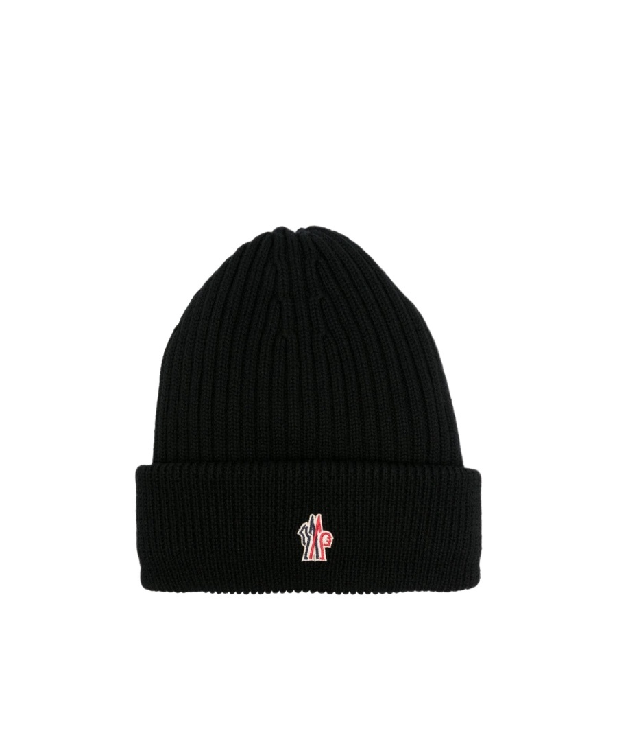 Moncler Grenoble Black Ribbed Beanie With Logo Patch In Wool Man In Black
