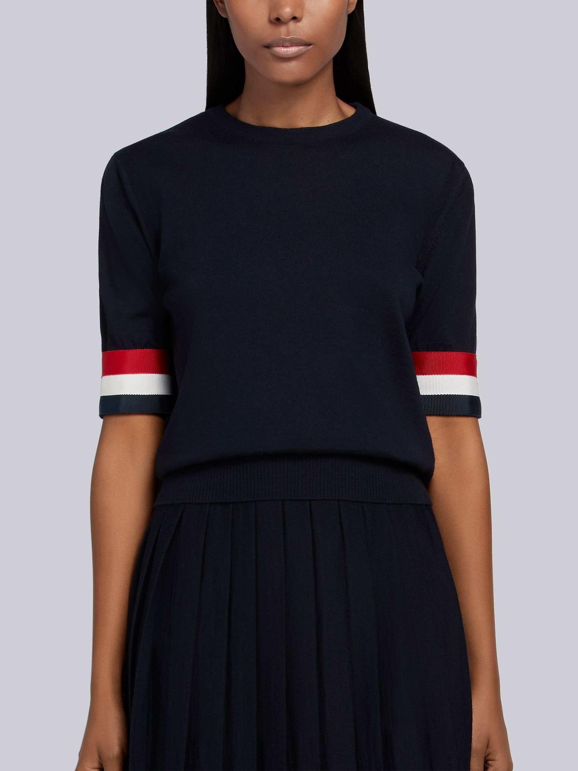 Thom Browne Rwb Cuff Fine Merino Tee In Black