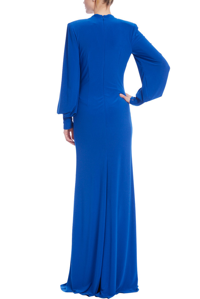 Badgley Mischka Ruched Deep V-neck Jersey Gown In Blue