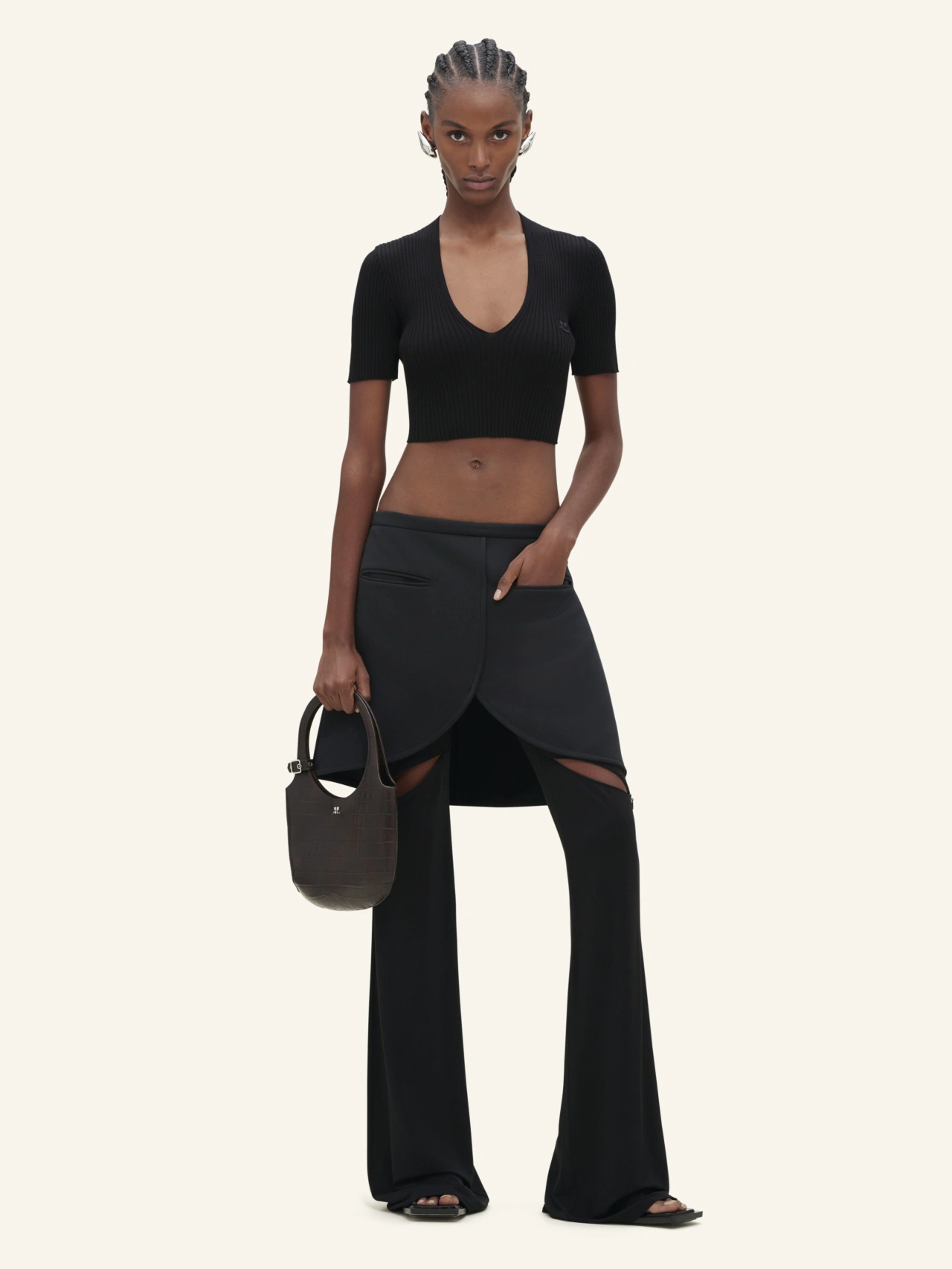 Courrèges Mockneck Rib Knit Cropped Top Women Black In Viscose In Black