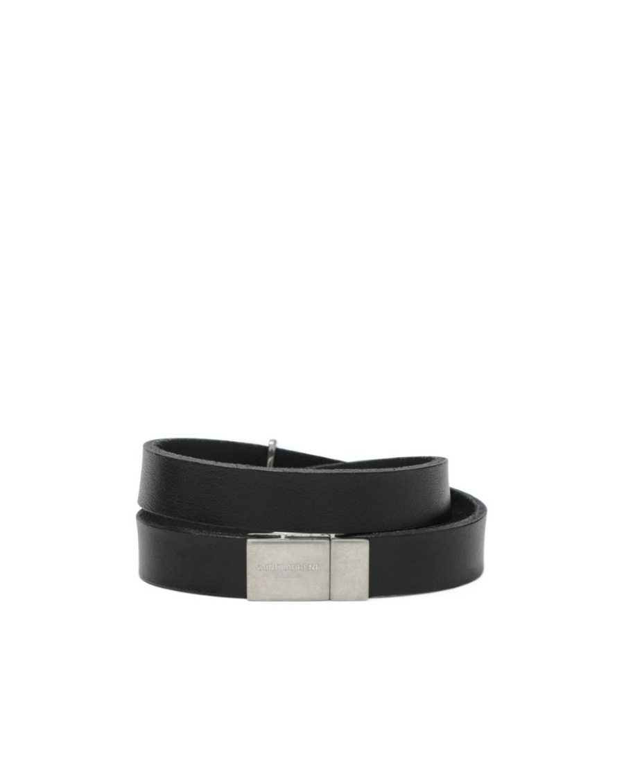 Saint Laurent Ysl-charm Leather Bracelet In Black
