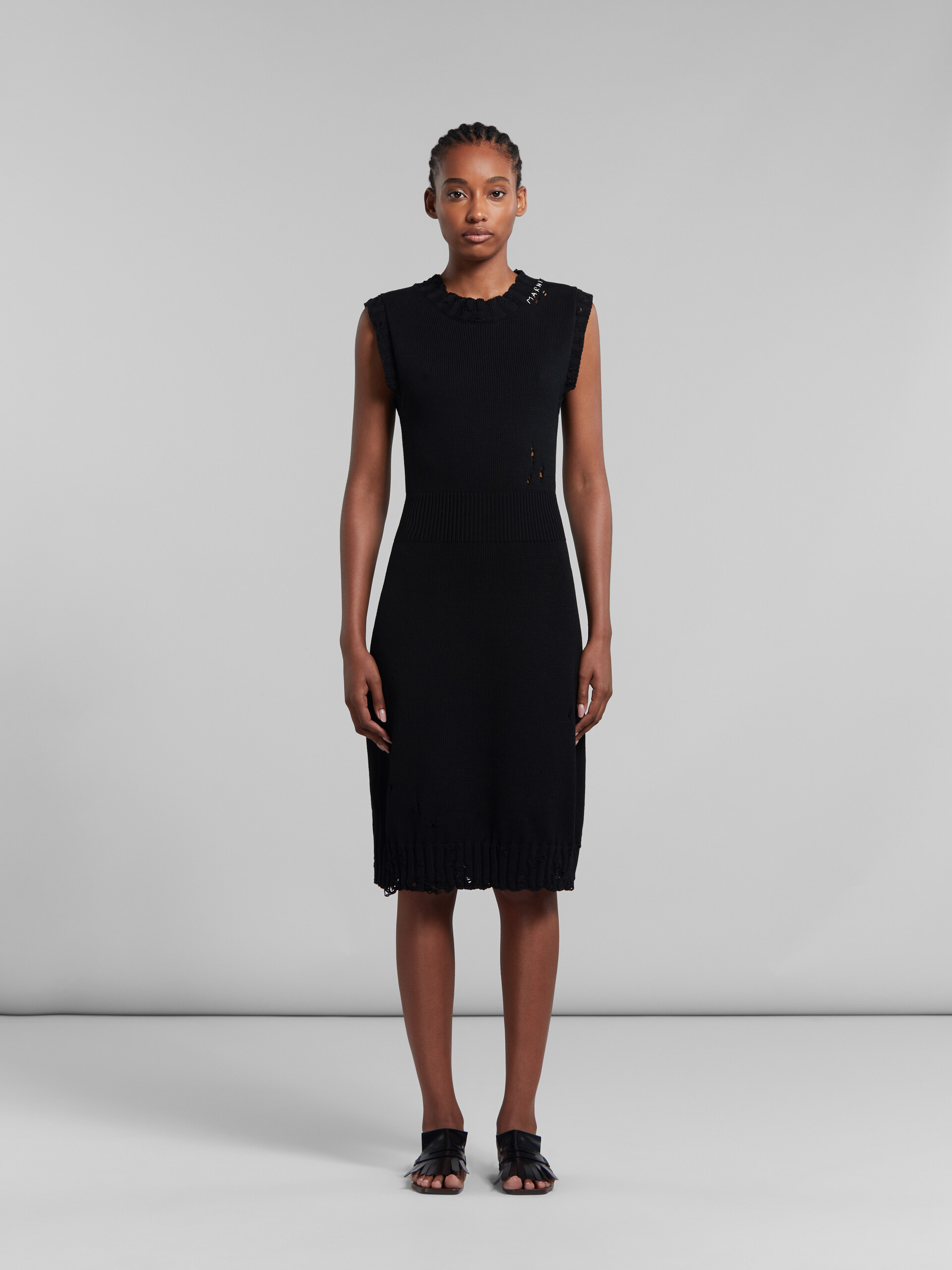 Marni Distressed-effect Knitted Cotton Dress In Black