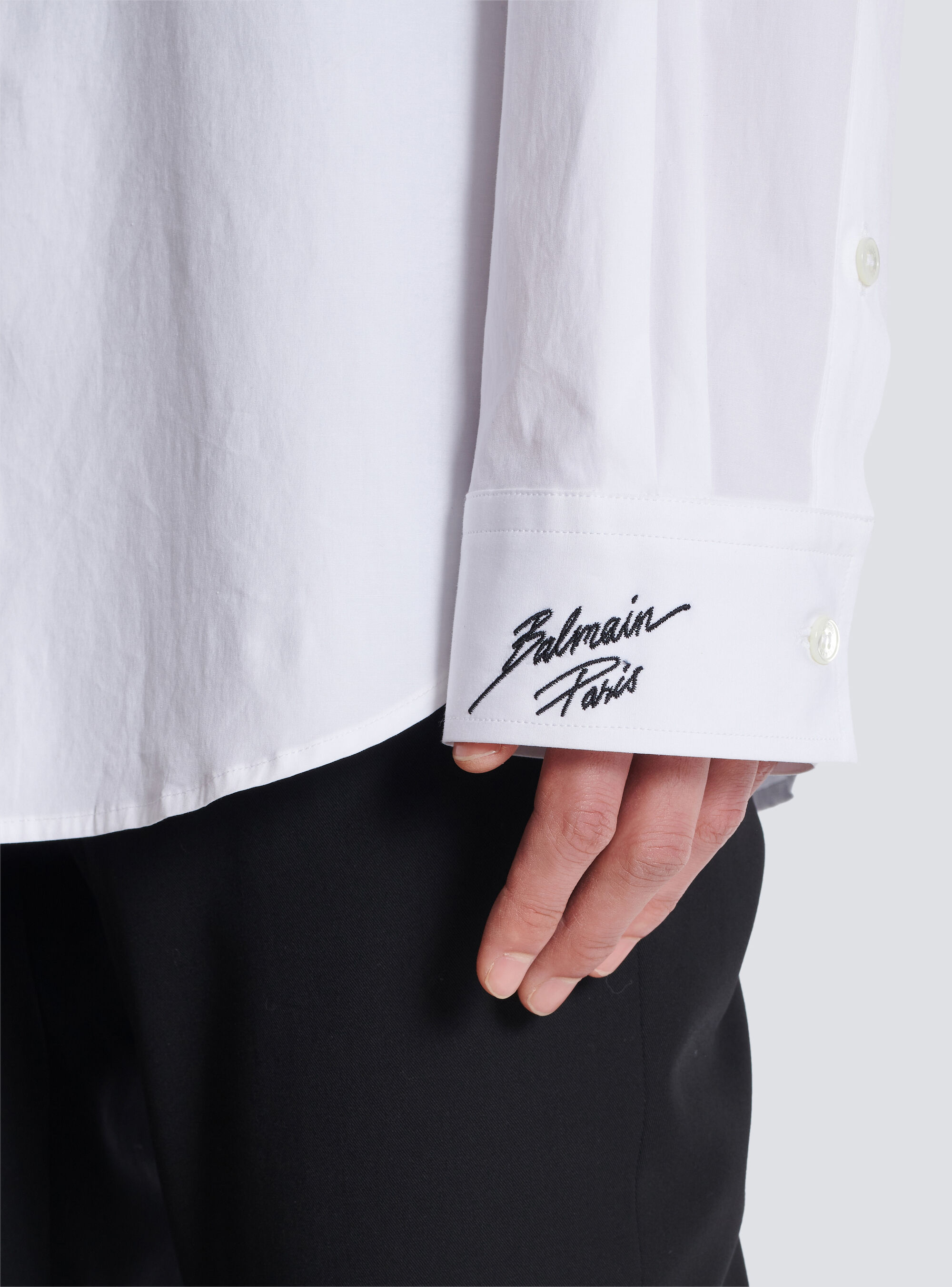 Shop Balmain Poplin Shirt With Embroidered Collar In White