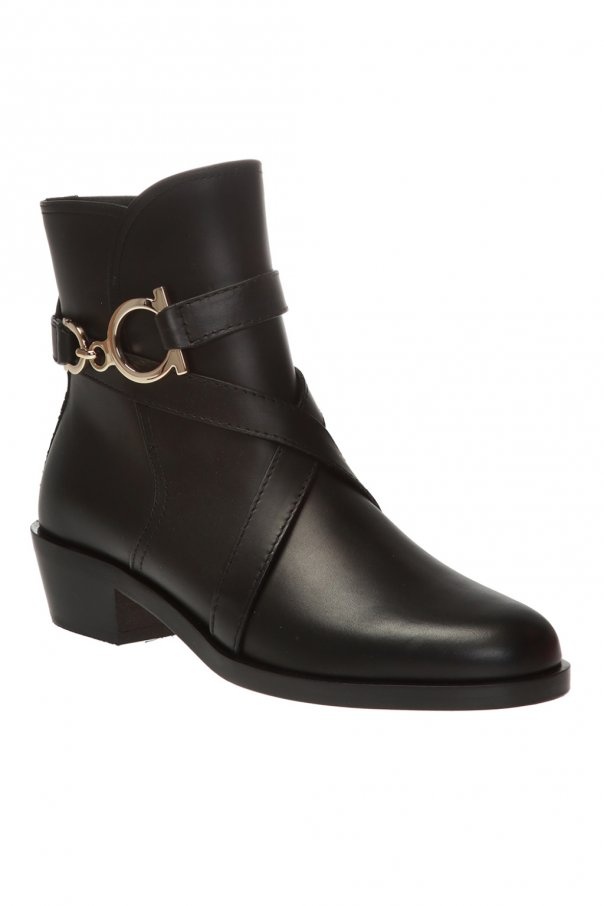 Ferragamo Logo Buckle Shady Leather Booties 4cm In Black