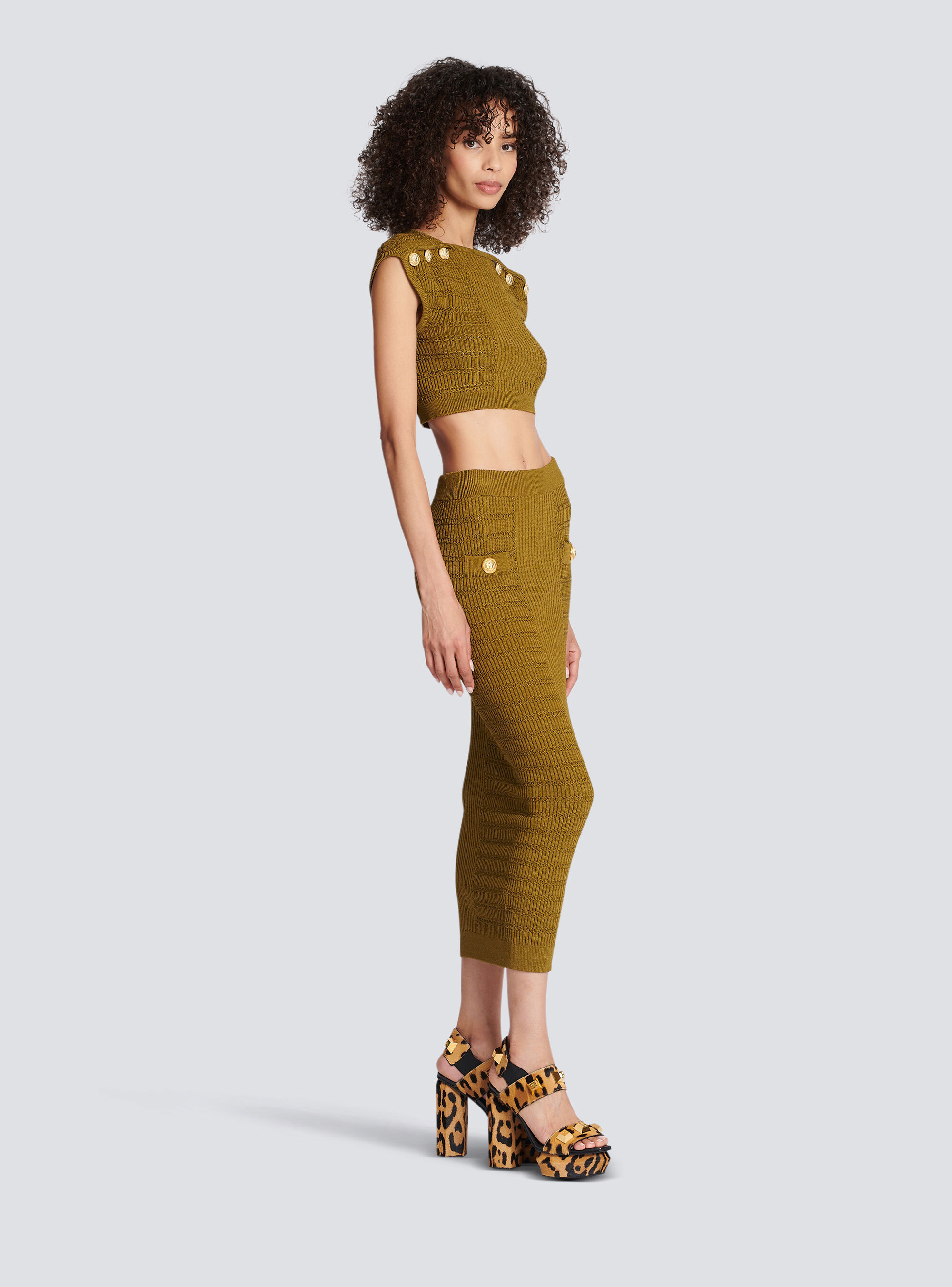 Balmain Knitted Button-detail Cropped Top In Green