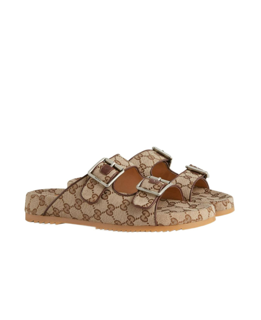 Gucci Men's Sideline Monogram Slide Sandals In Brown