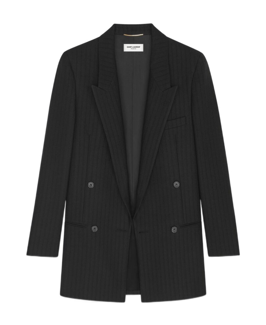 Saint Laurent Double-breasted Oversized Jacket In Striped Wool In Black