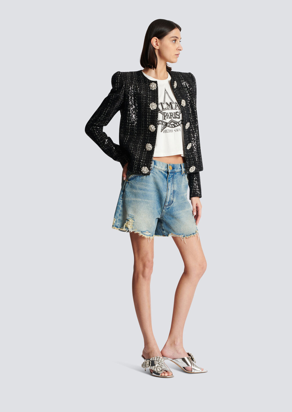 Shop Balmain Glittery Tweed Jacket In Black