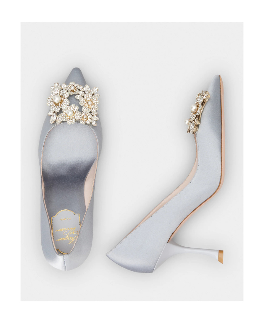 Shop Roger Vivier Rv Bouquet Strass Pearl Buckle Pumps In Satin In Gray