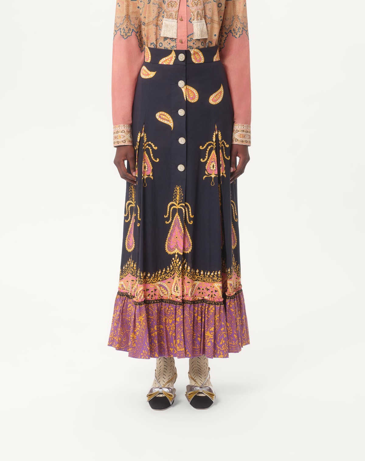 Valentino Paisley High Waist Skirt With Ruffled Hem In Indaco Multicolor