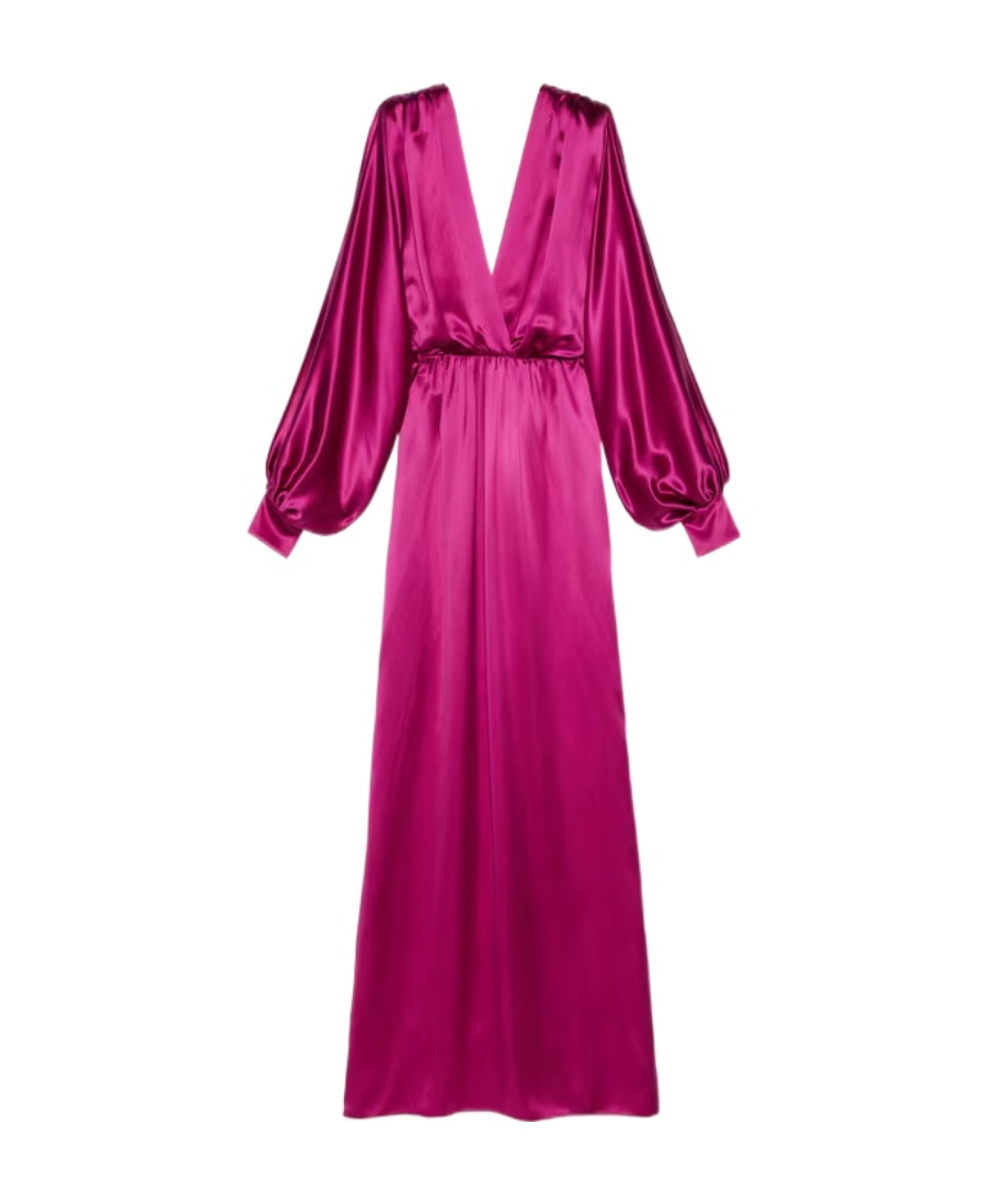 Gucci Wrap-front Balloon-sleeve Silk-blend Gown In Purple