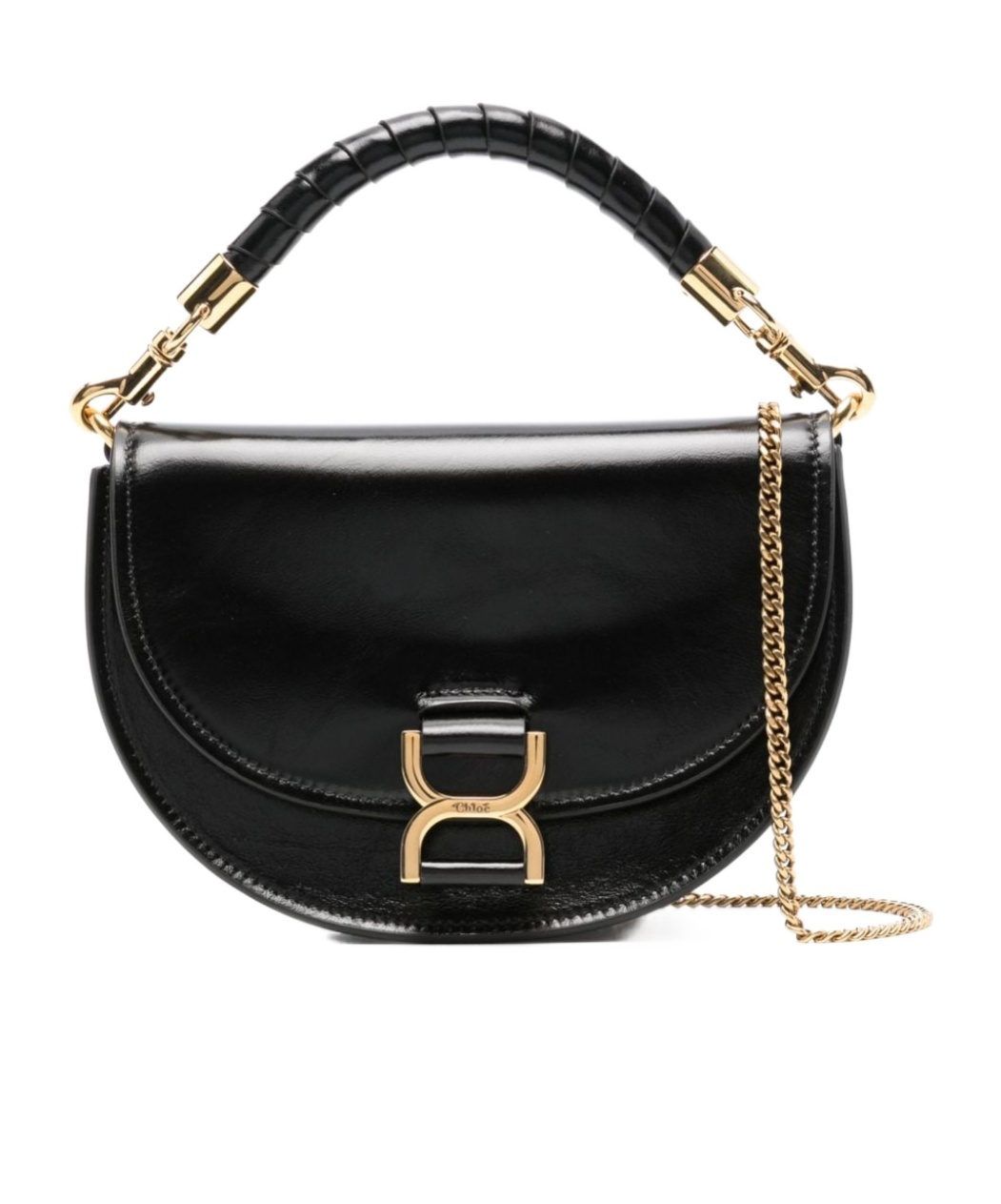 Chloé Marcie Flap Crossbody Bag In Shiny Calfskin In Black