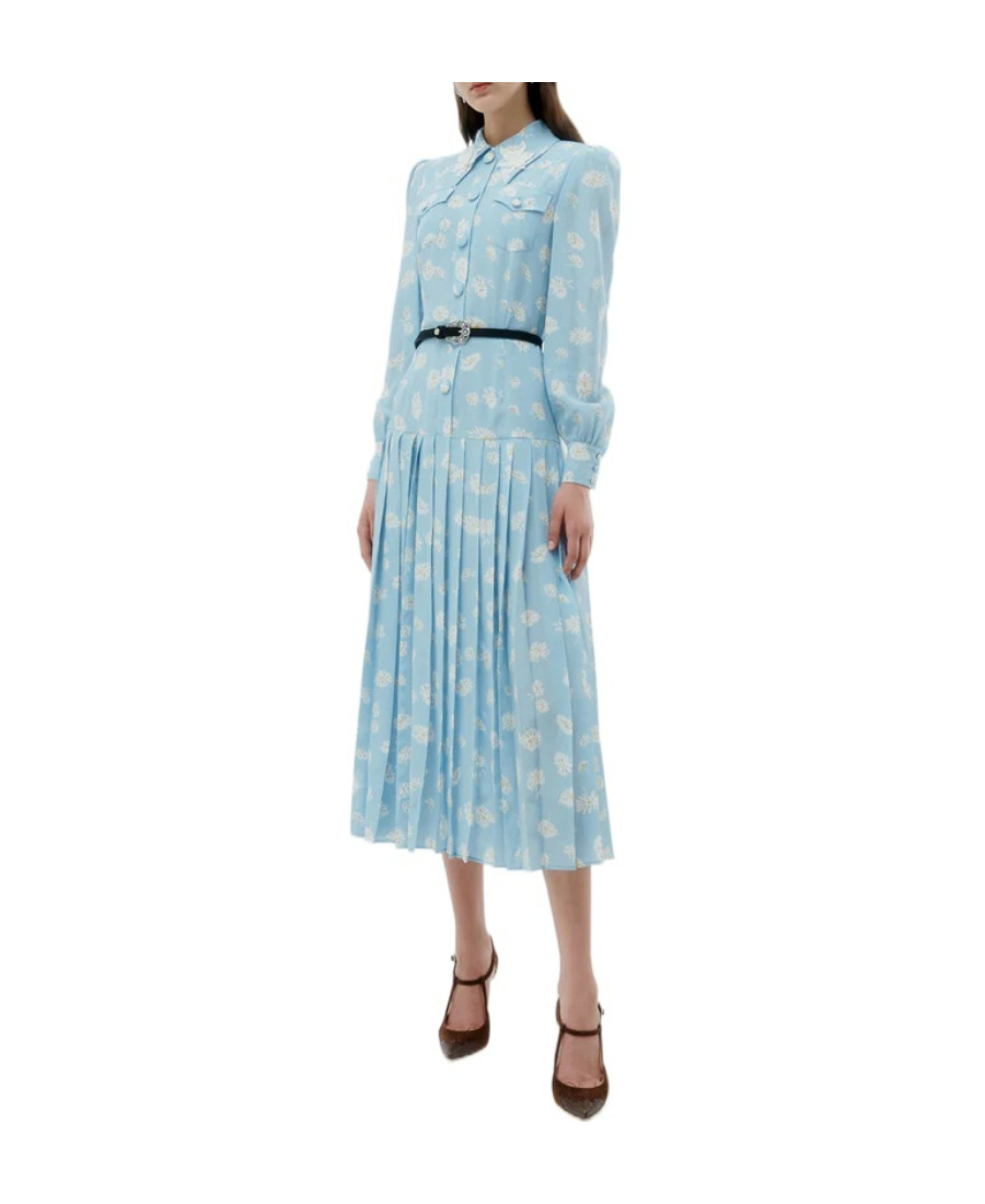 Alessandra Rich Button-embellished Printed Pleated Silk Midi Dress In Blue