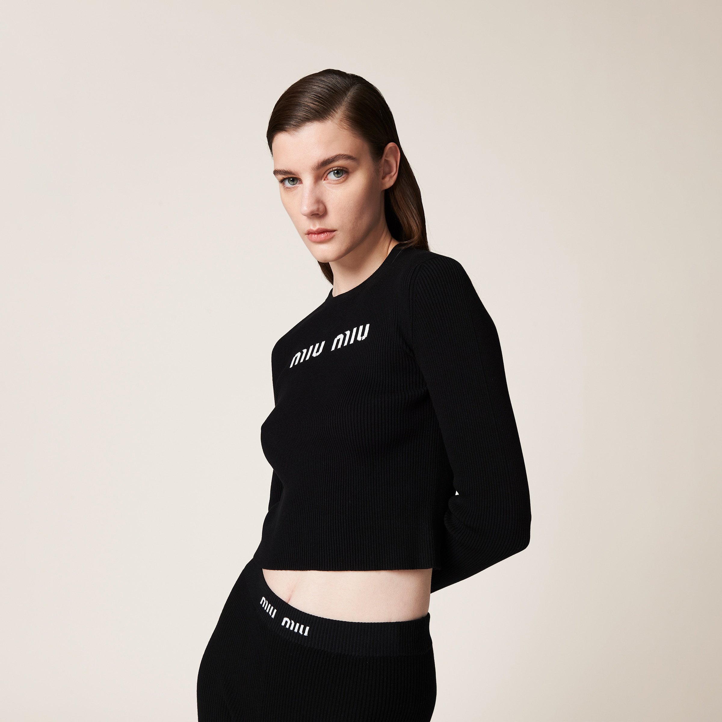 Miu Miu Logo-band Ribbed Leggings In Black