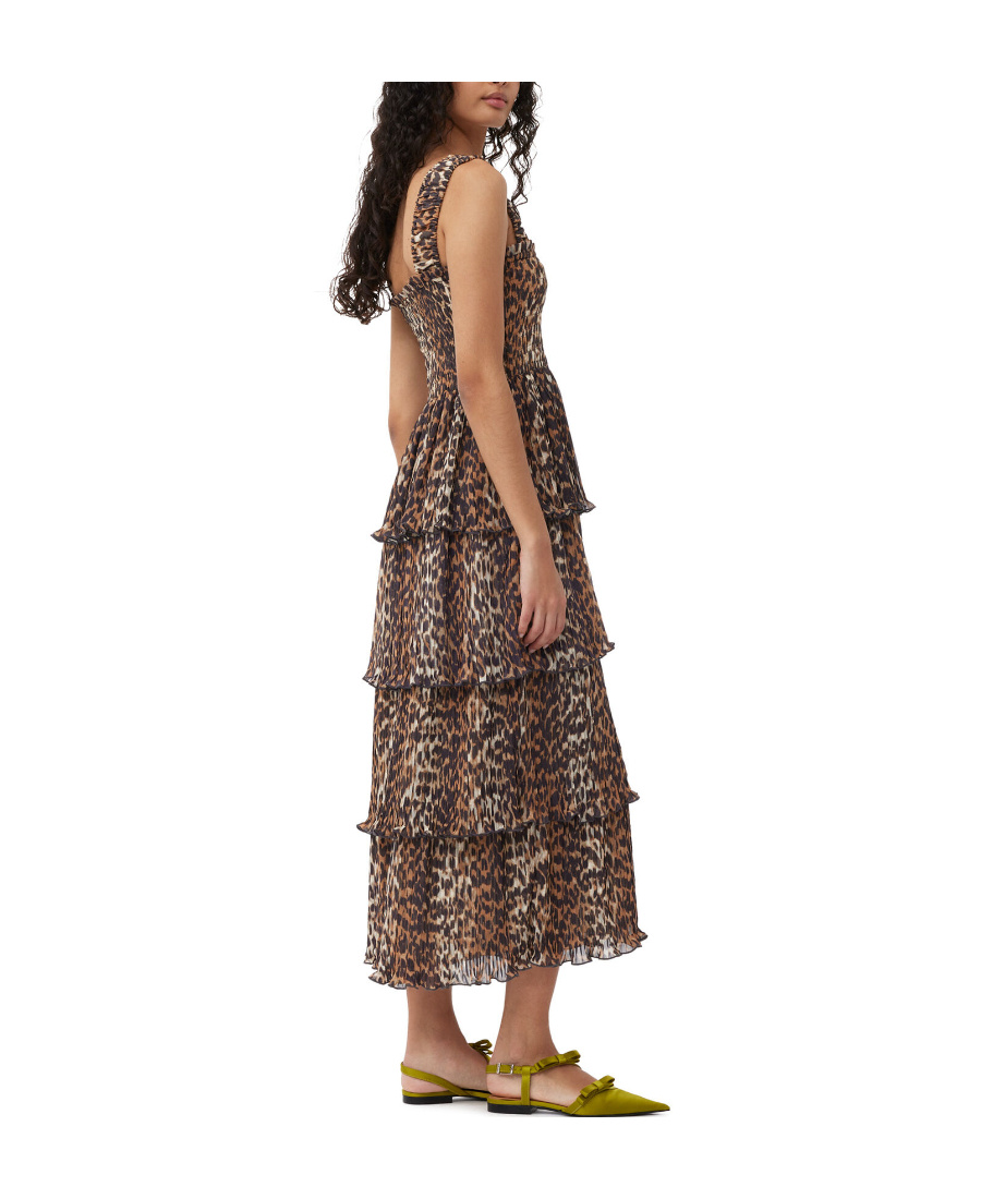 Ganni + Net Sustain Pleated Smocked Leopard-print Recycled-georgette Midi Dress In Brown