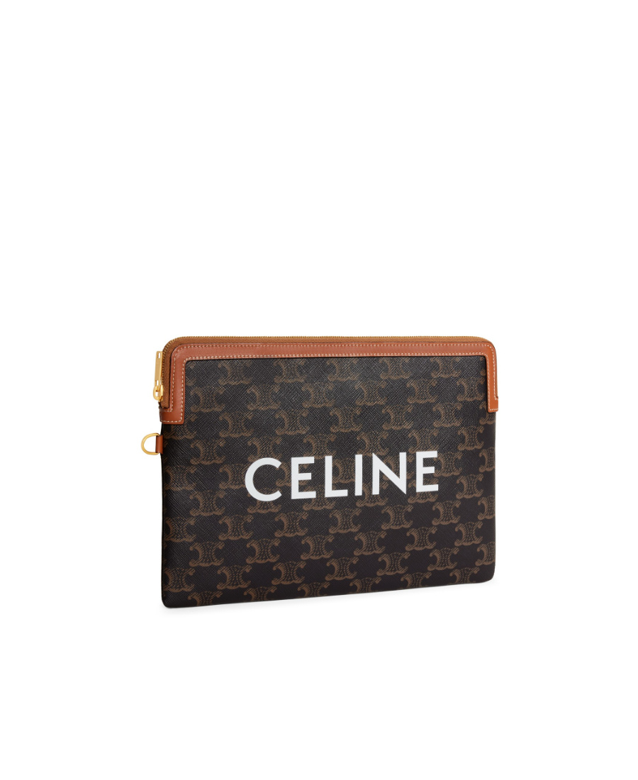 Celine Small Pouch With Strap In Triomphe Canvas And Lambskin In Brown