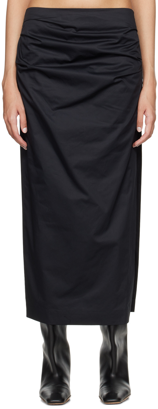 St Agni Black Cotton Tuck Midi Skirt