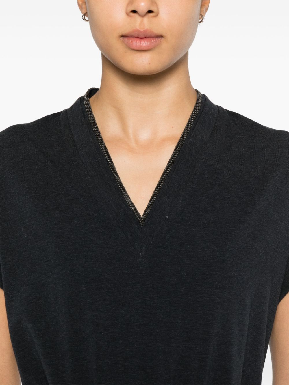 Brunello Cucinelli Black V-neck T-shirt With Monile Detail In Stretch Cotton Woman In Black