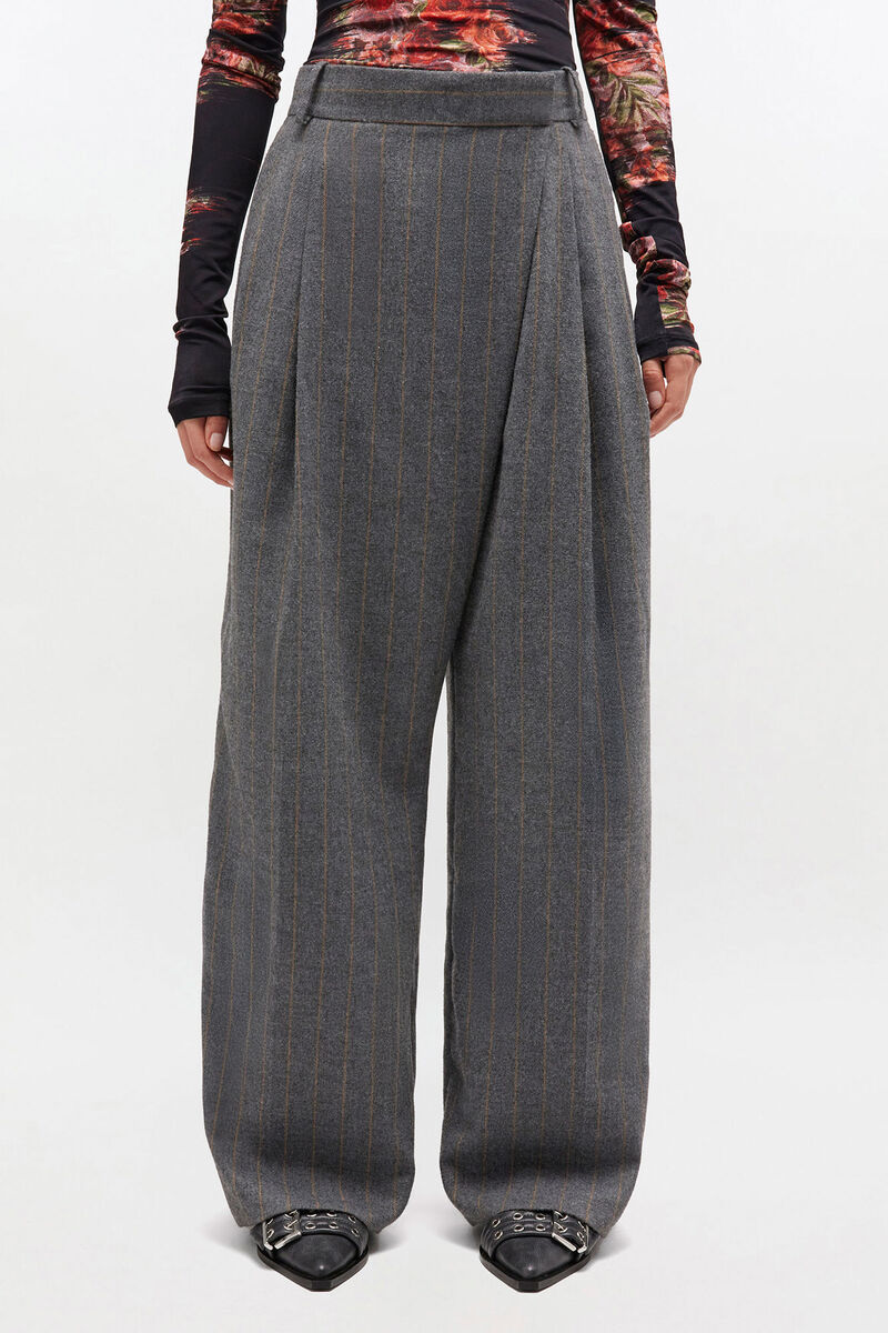 Ganni Grey Stripe Cross-over Trousers In Gray