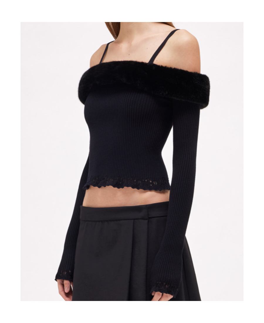 Blumarine Faux-fur Trim Off-shoulder Jumper In Black