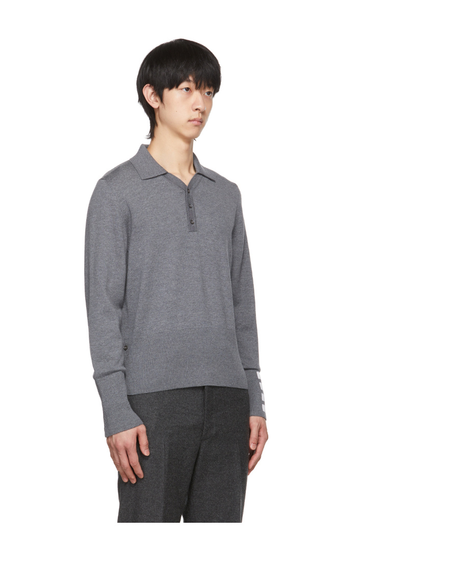 Thom Browne Tb 4bar Cuff Merino Ls Polo Gry In Gray