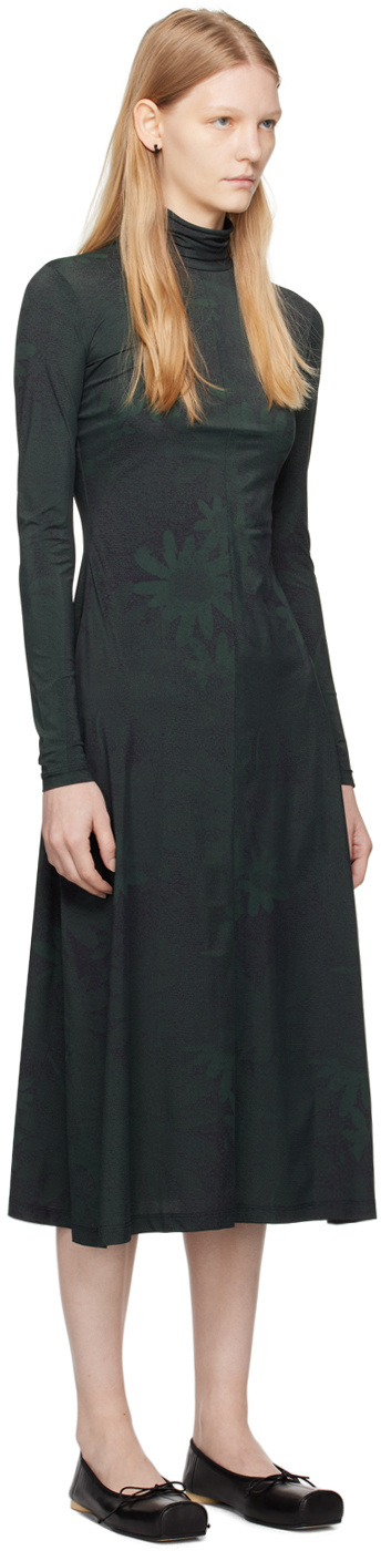 Mm6 Maison Margiela Floral-print High-neck Midi Dress In Black