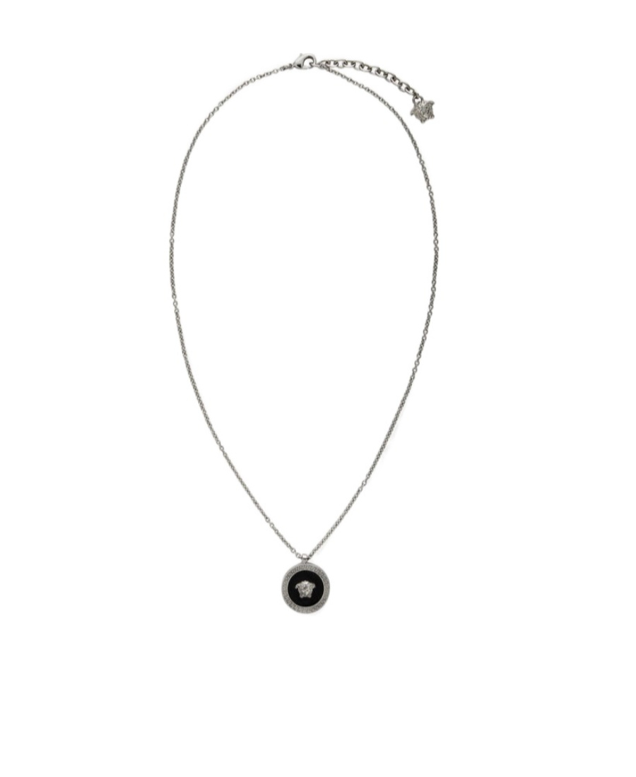 Versace Silver Enamel Medusa Necklace In Gray