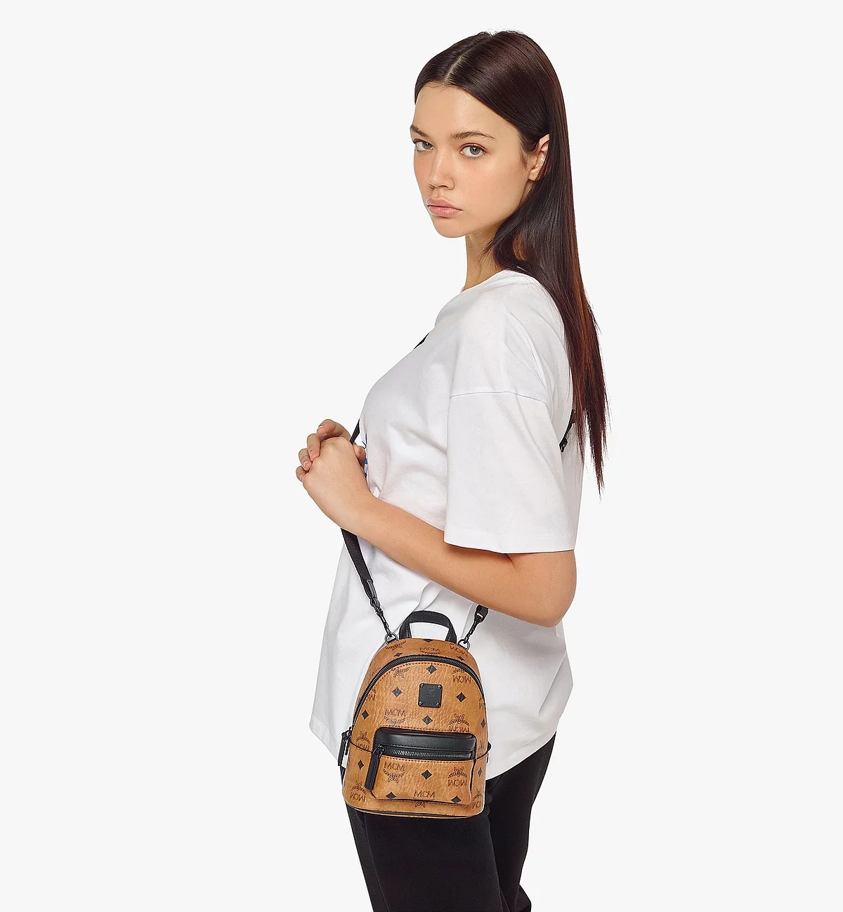 Mcm Stark Monogram Print Zipped Backpack In Brown