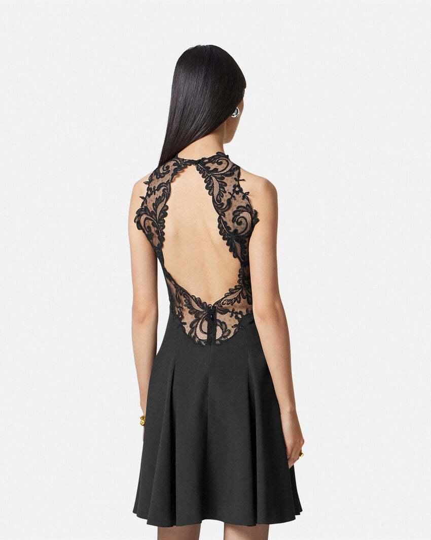 Versace Barocco-lace Trim Halterneck Minidress In Black