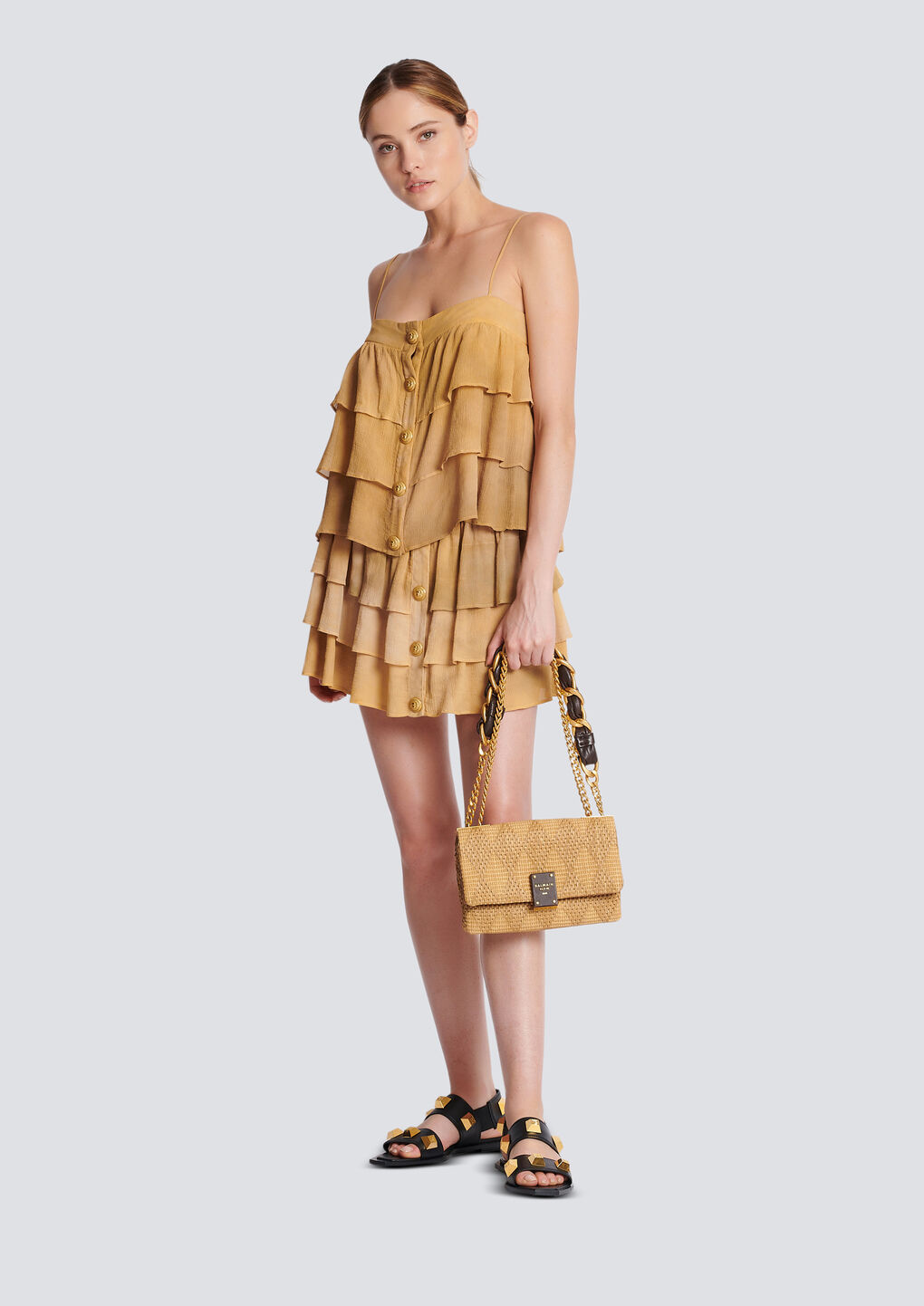 Shop Balmain 1945 Soft Small Bag In Leather And Raffia In Nude