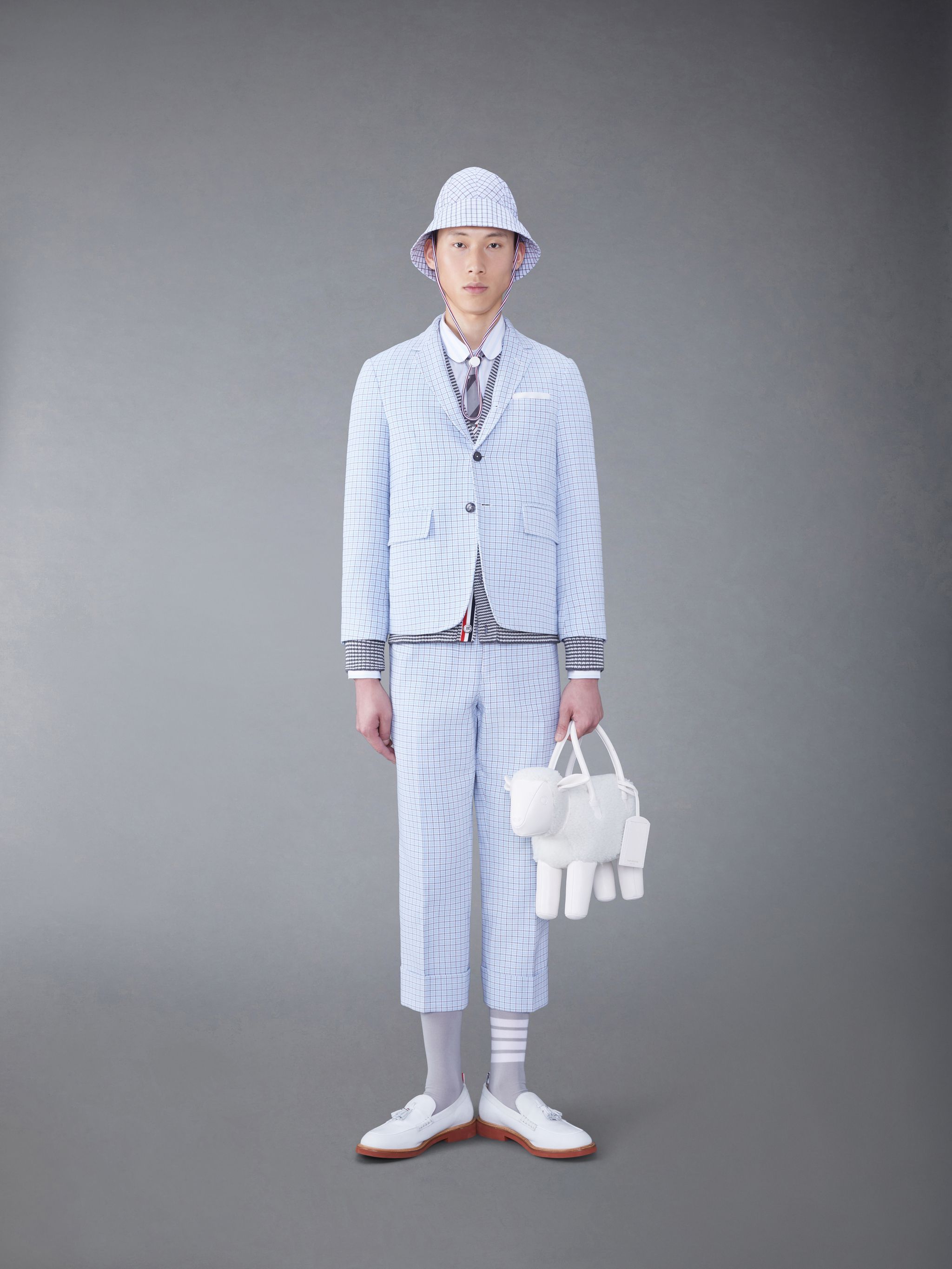 Thom Browne Backstrap-detail Checked Tailored Trousers In Blue