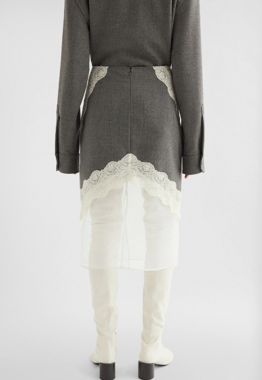 Jil Sander Asymmetric Lace Wool Skirt With Sheer Overlay In Gray