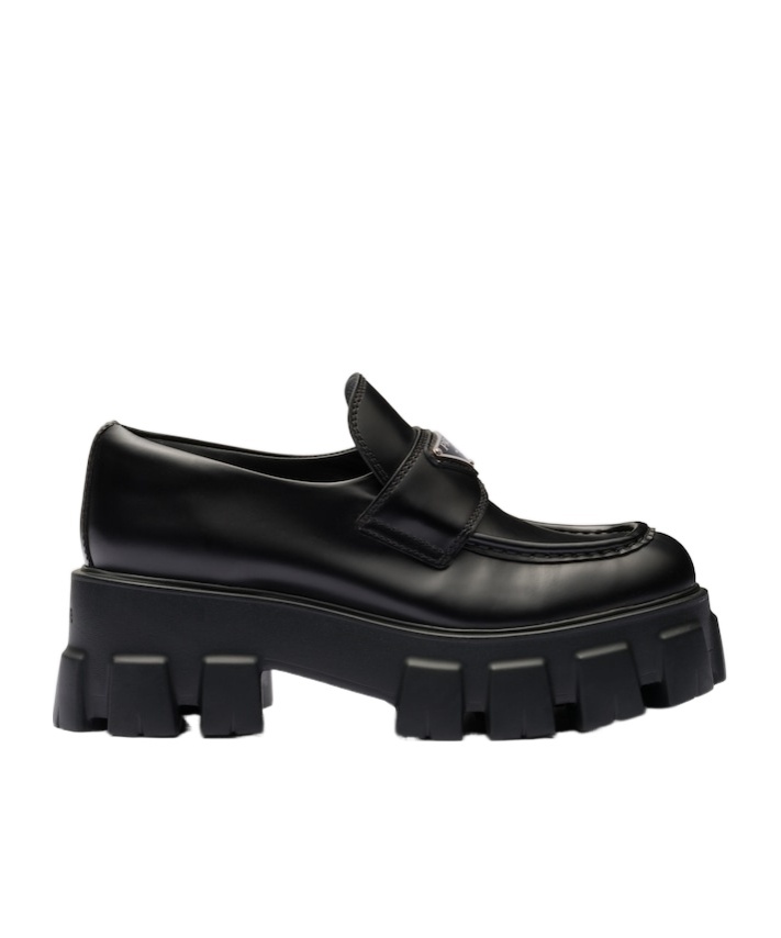 Shop Prada Brushed Leather Monolith Loafers In Black