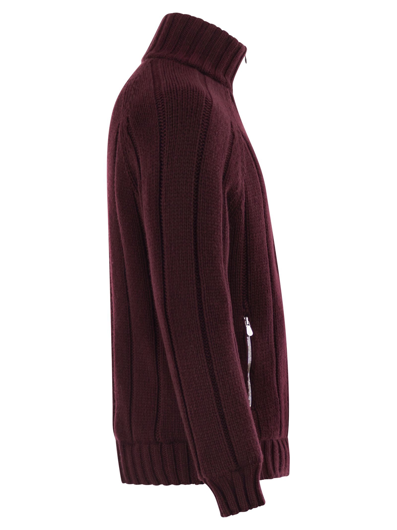 Brunello Cucinelli Men Cashmere Knit Down Jacket With Zip In Burgundy