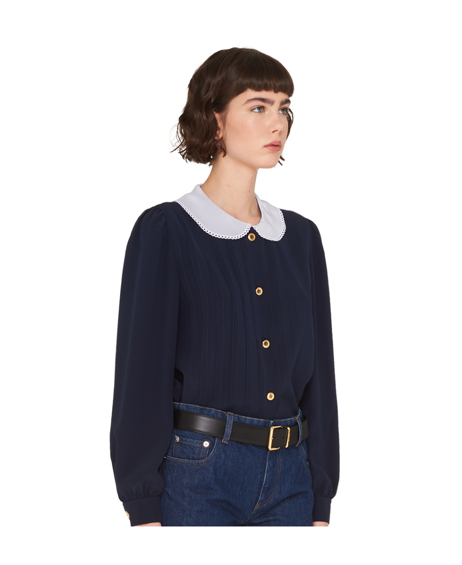 Miu Miu Lace-collar Long-sleeved Blouse In Blue