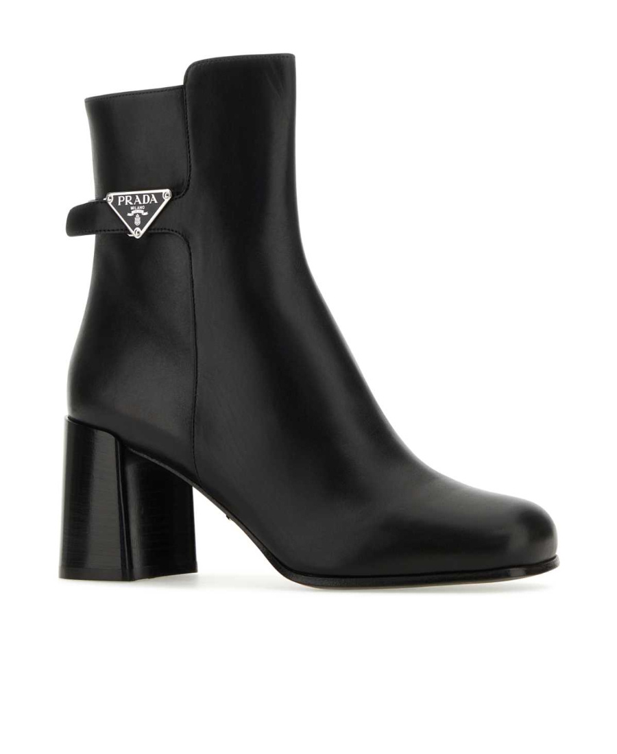 Prada Triangle-plaque Ankle Boots In Black
