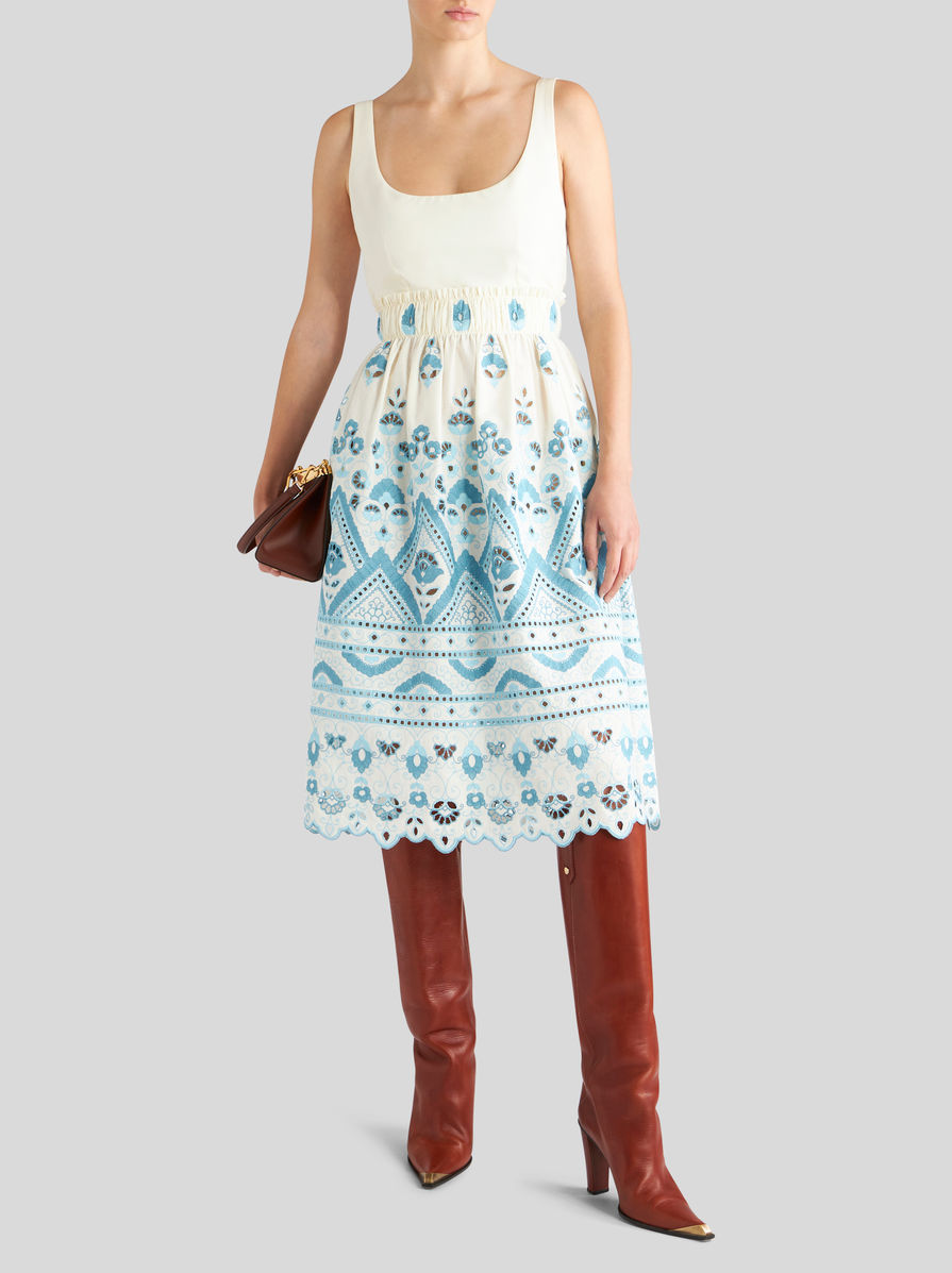 Etro Chic Blue And White Cotton Blend Dress With Front Tie And Cut-out Details In White