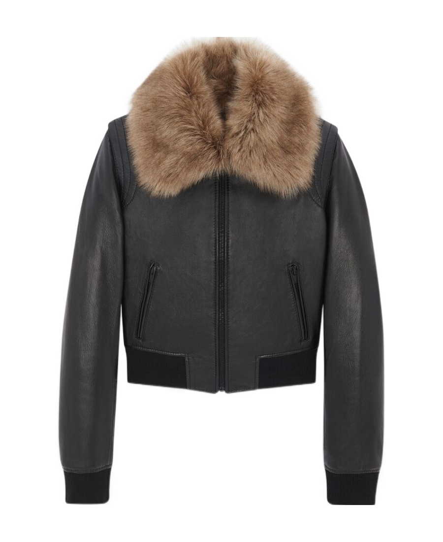 Saint Laurent Faux-fur Collar Cropped Leather Jacket In Black