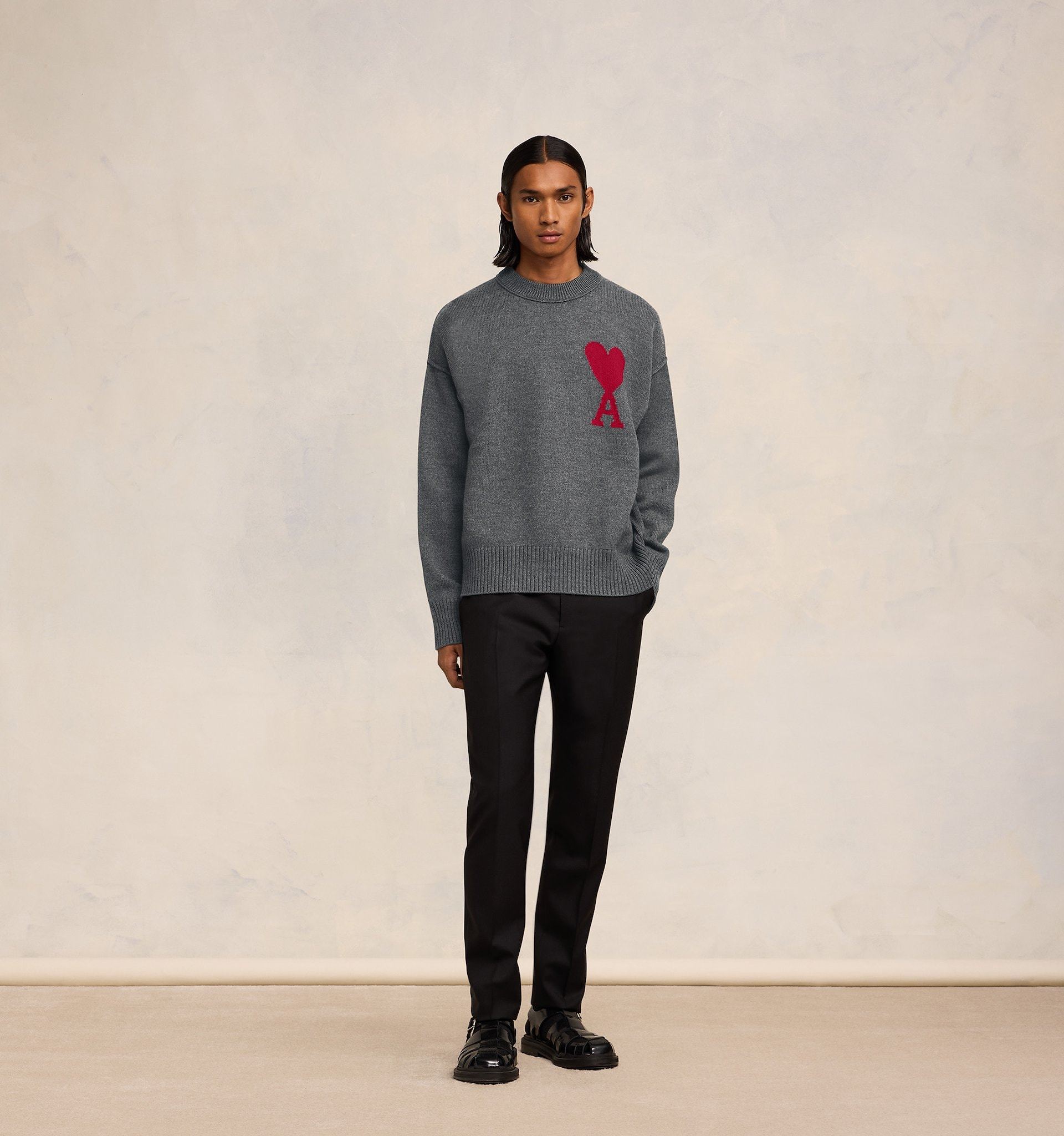 Ami Alexandre Mattiussi Crew Neck Long Sleeve Sweater With Ribbed Edges In Gray