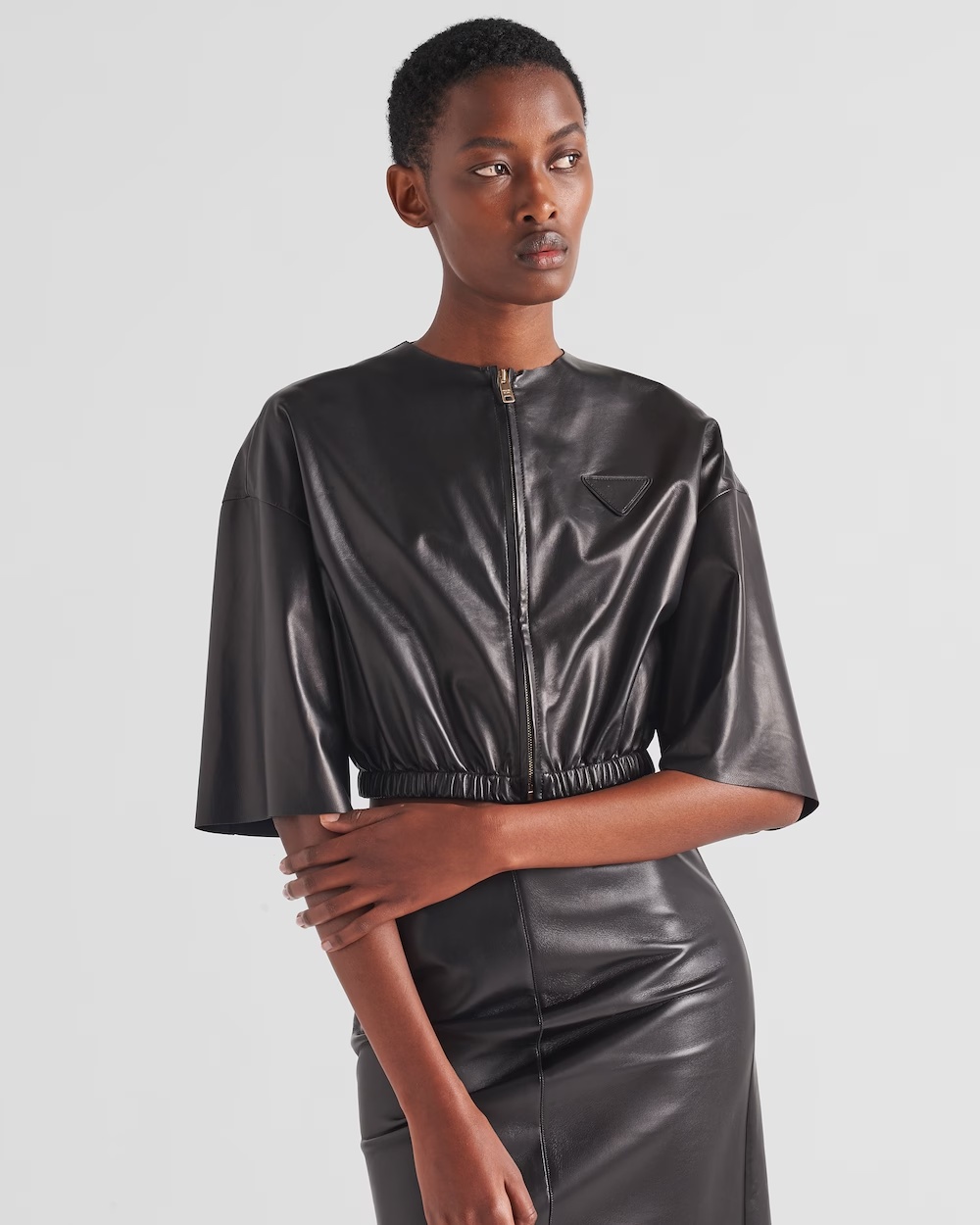 Prada Cropped Leather Bomber Jacket In Black