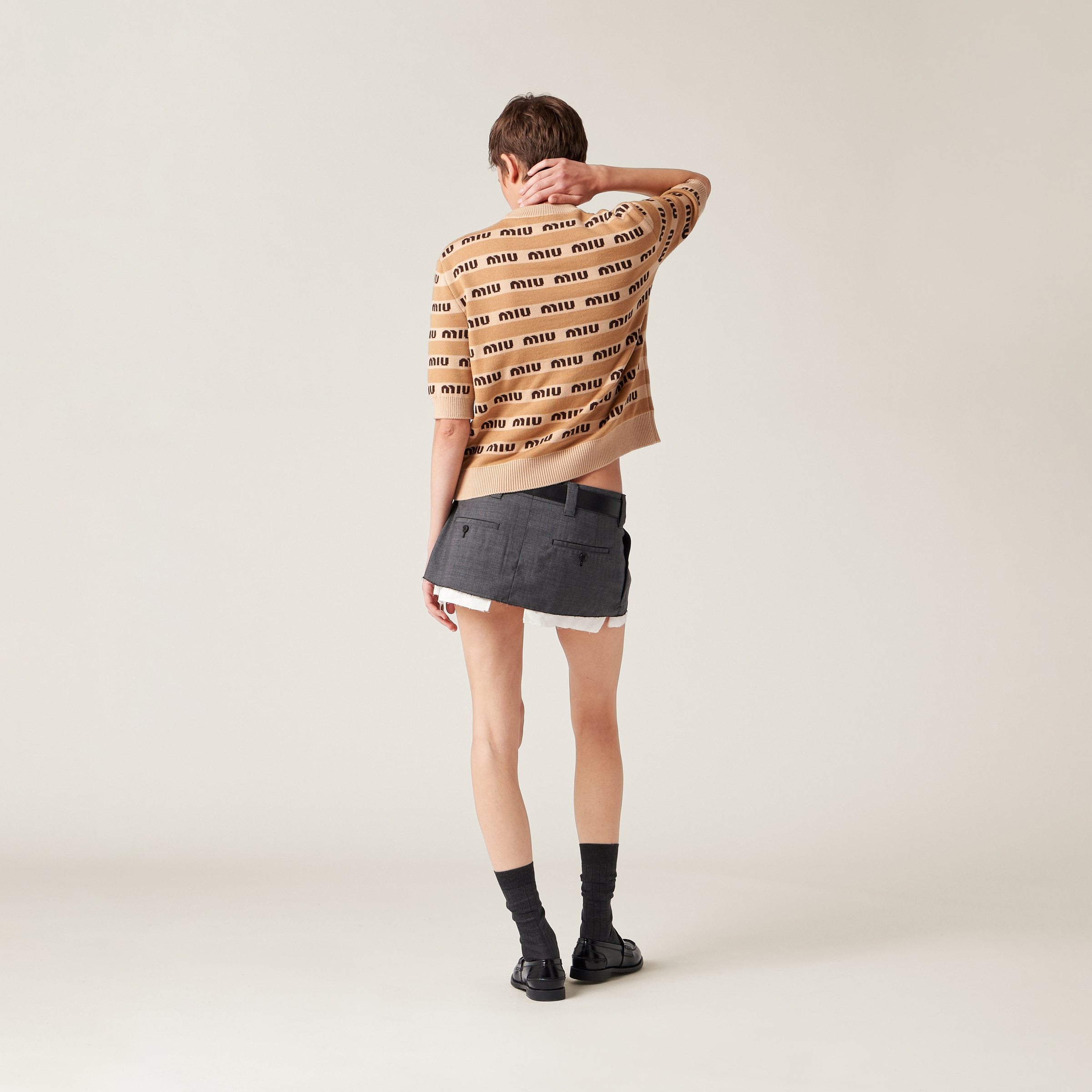 Miu Miu Logo-intarsia Short-sleeve Wool Sweater In Nude