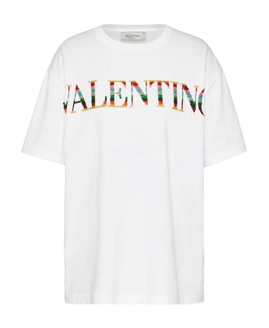Valentino Sequin-embellished Embroidered Cotton-jersey T-shirt In White