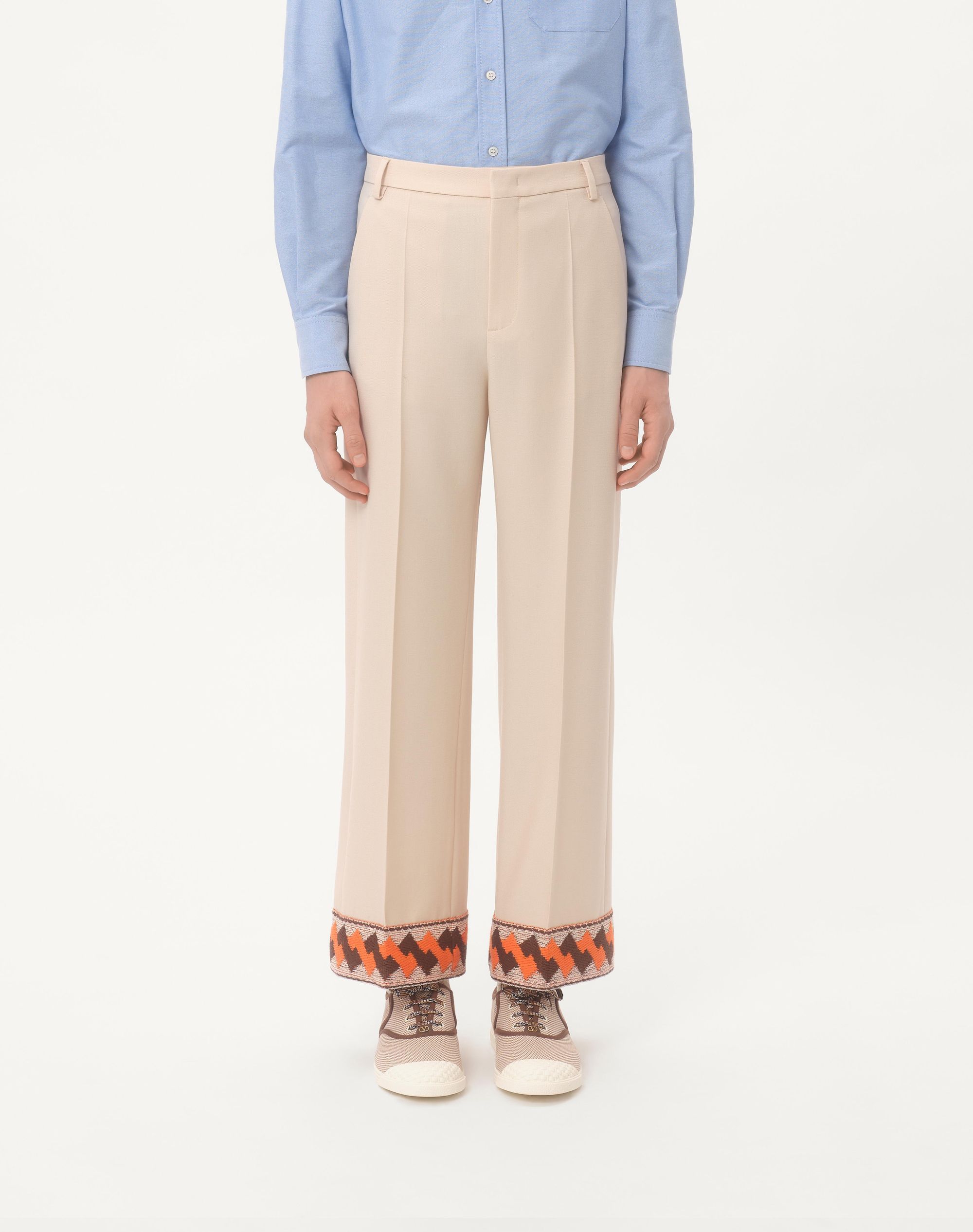 Valentino Wool Trousers With Embroidered Hem And Wide Leg In Nude