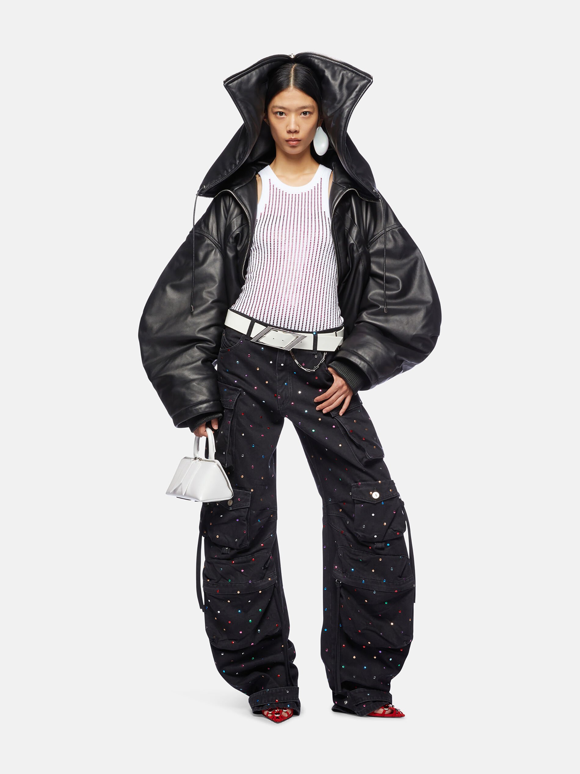 Attico Fern Embellished Low-rise Wide-leg Cargo Jeans In Black