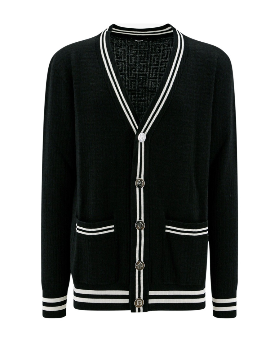 Shop Balmain Contrasting-trim V-neck Cardigan In Black