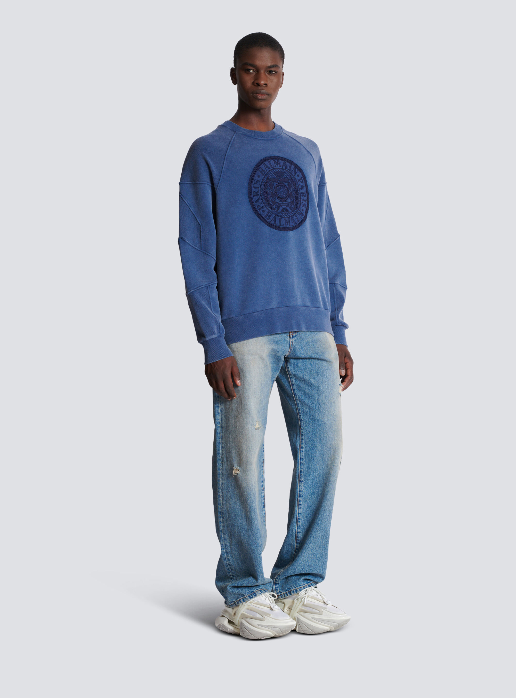 Balmain Coin Embroidered Crewneck Sweatshirt In Blue