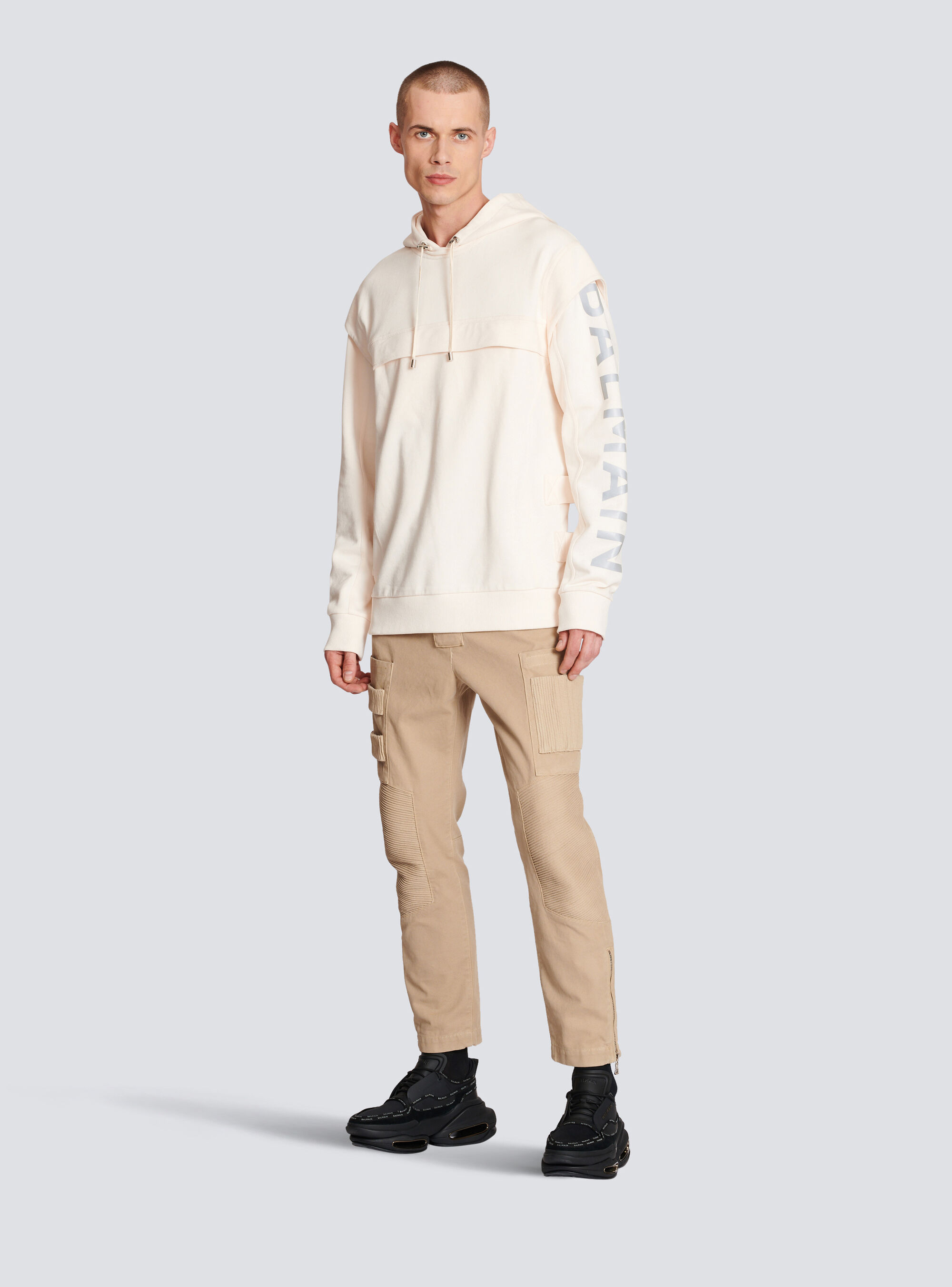 Shop Balmain Cotton Printed Logo Hoodie In White