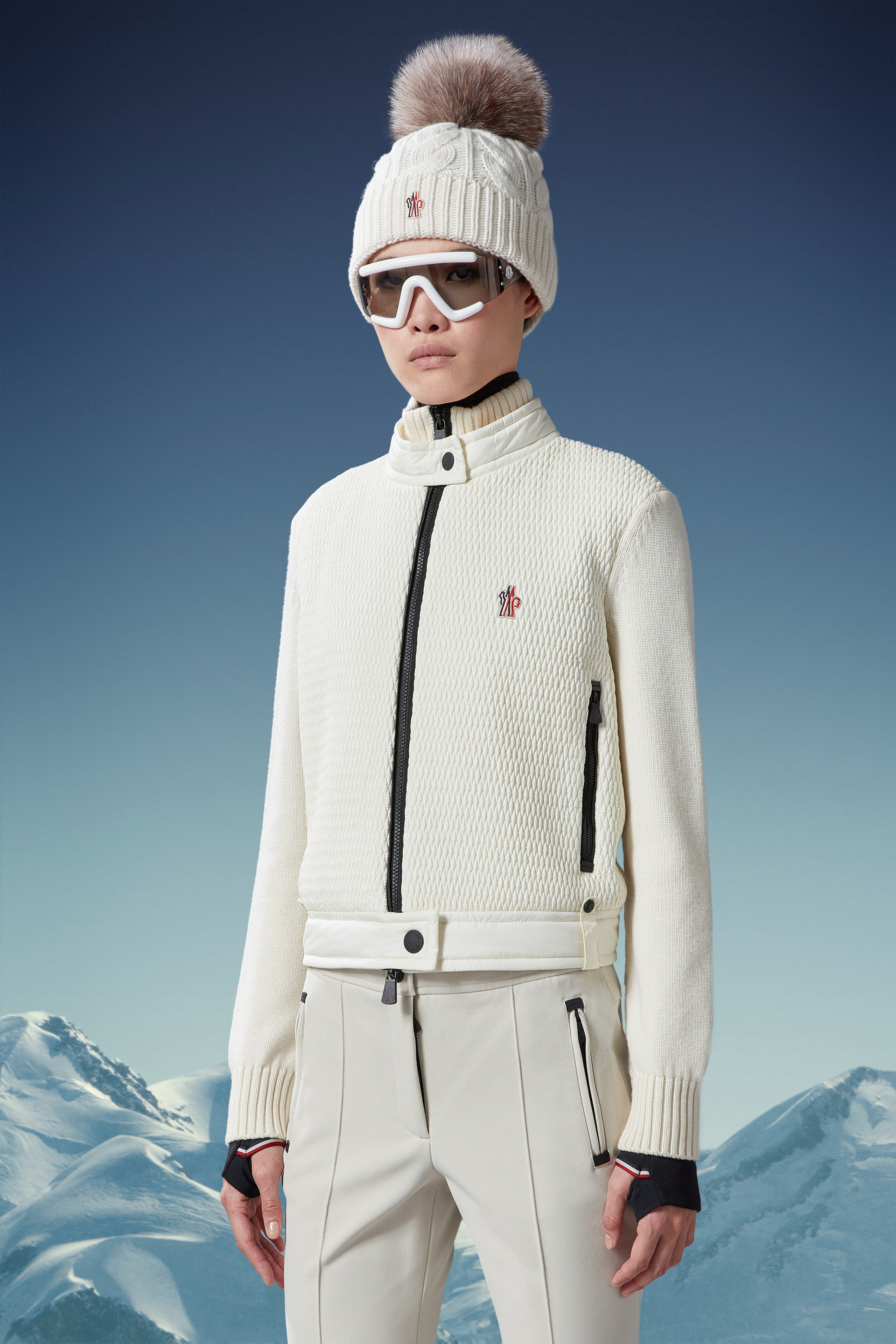 Moncler Grenoble Women Padded Jacket With Wool Sleeves In White